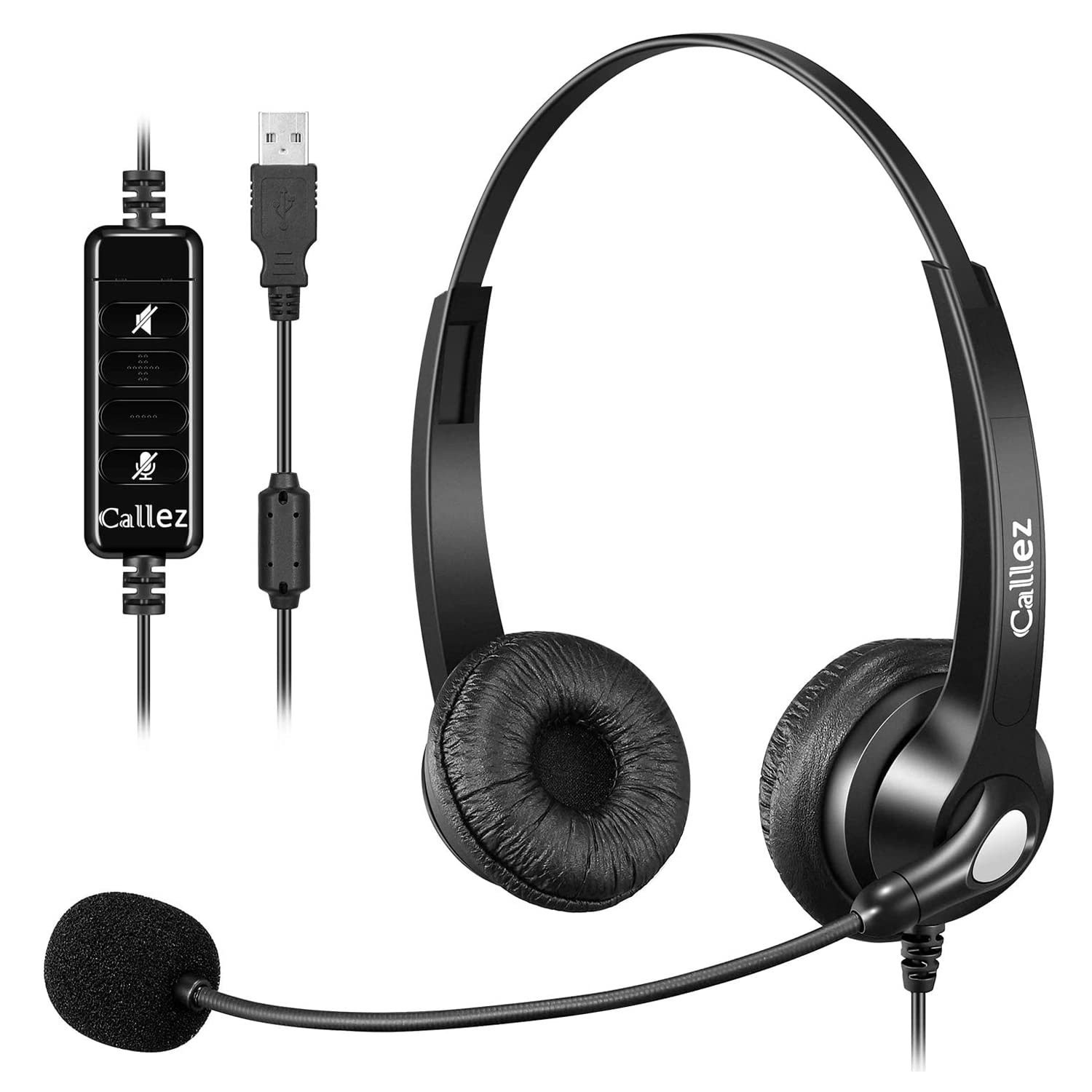 Callez Cuffie USB con microfono per laptop, cuffie regolabili per computer, con cancellazione del rumore, lunghezza 2 m, con controlli in linea, per Skype Zoom, casa, ufficio, affari, MS Teams