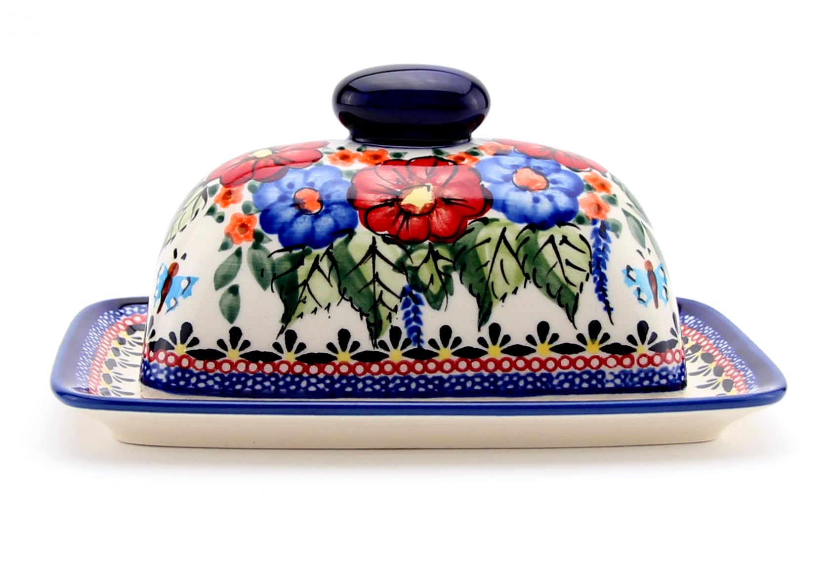 Polish Pottery Market Butter Dish With Lid For Countertop – Polish Stoneware Butter Holder with Knob Handmade by Zaklady Boleslawiec Poland, Unikat Design