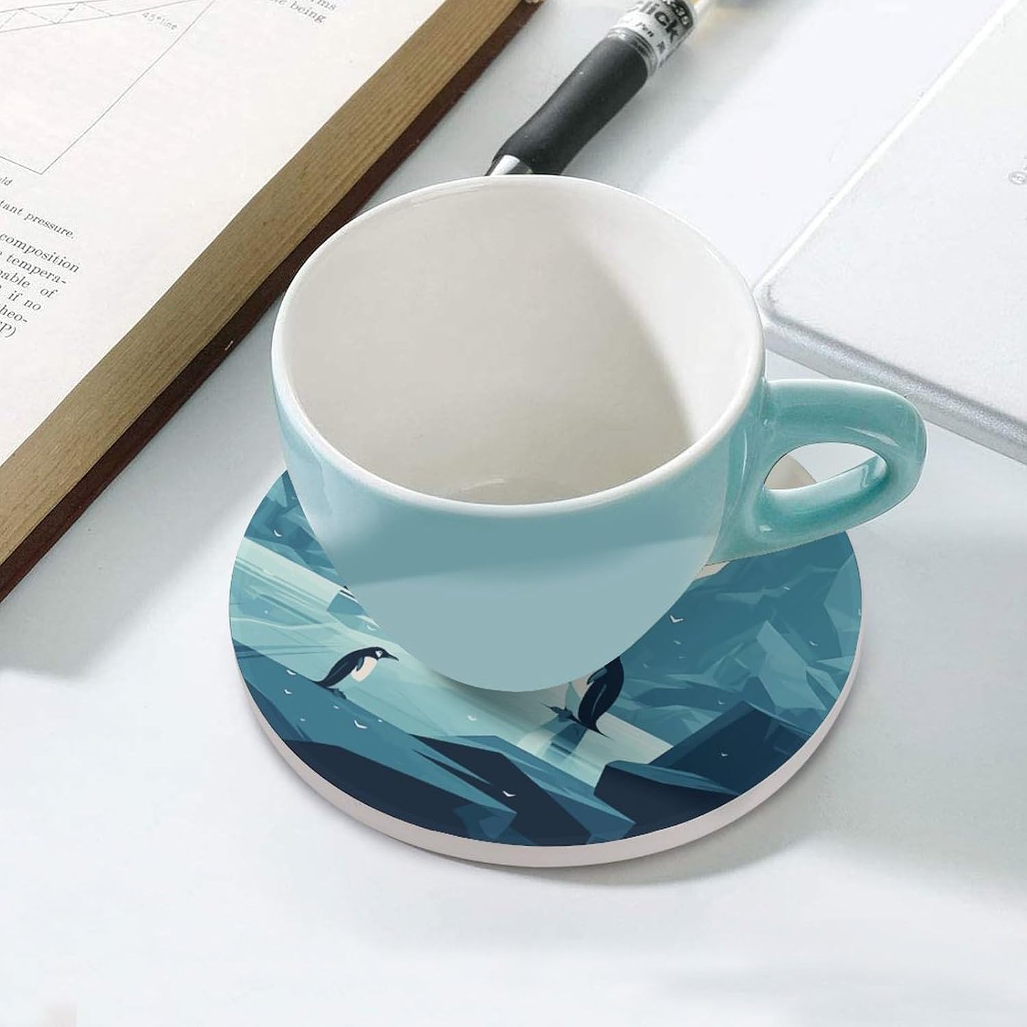Penguin ICY Landscape Coasters Round Coasters Set Ceramic Stone Coaster with Cork Base Coffee Cup Beverage Cup Mat Cute Funny Table Drinks Coaster for Mugs and Cups Office Kitchen