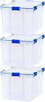 IRIS USA WeatherPro 56.8 L Heavy Duty Organizer Tote, 3 Pack, Gasket Seal Storage Box with Secure Latches, Stackable Plastic Bin for Garage, Moving, Basement and Seasonal Items, Clear/Blue