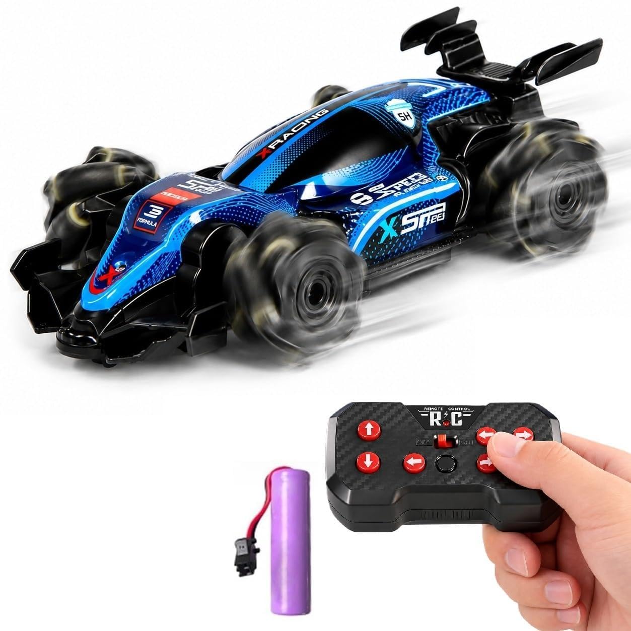 amitasha 4wd 2.4ghz drift rc car with led light, f1 music and spray off road remote control stunt car 4x4 for 3+ boys & girls