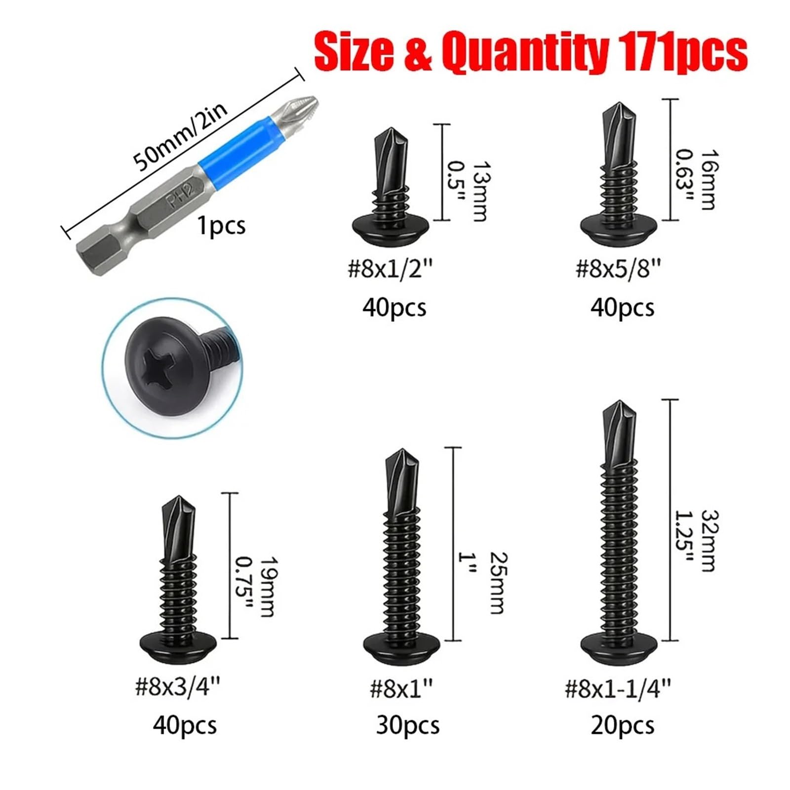 171 Uds. Surtido De Tornillos Autoperforantes De Cabeza Phillips De Acero Inoxidable 410 Con Broca for Metal, Plástico Y Aluminio