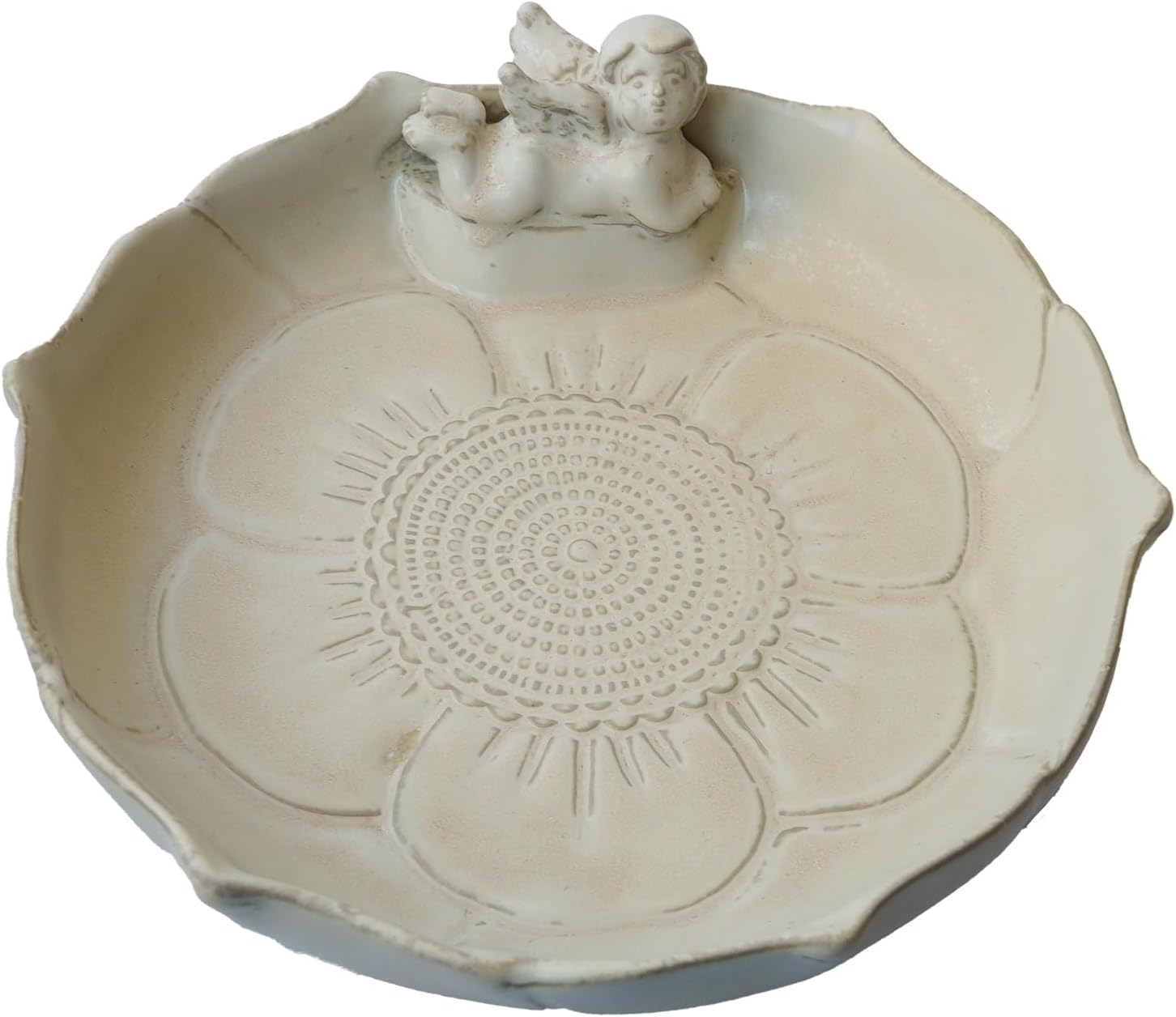 Ceramic Heavy Duty Ground Wild Bird Bath Bowl or Feeder for Outdoor Garden, Bowl Only (Angel_Beige)