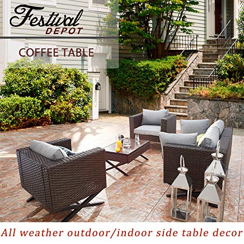 Festival Depot Metal Outdoor Side Coffee End Table Patio Bistro Living Room Dining Table Wood Grain Top Wicker Rattan Furniture With X Shaped Steel Legs Brown Black (Rectangle) #TOP5