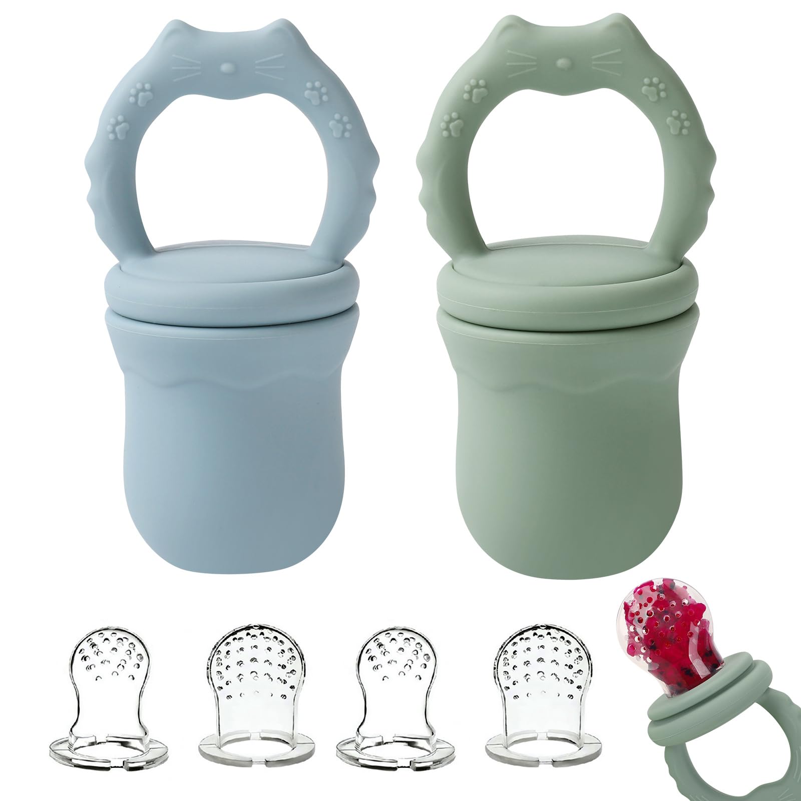 Socub 2 Pack Silicone Baby Fresh Fruit Food Feeder Pacifier with 3 Different Size Silicone Pouch for Teething Relief, Baby Frozen Feeder Teether Toy for 3, 6-12 Months, BPA Free (Sage, Ether)