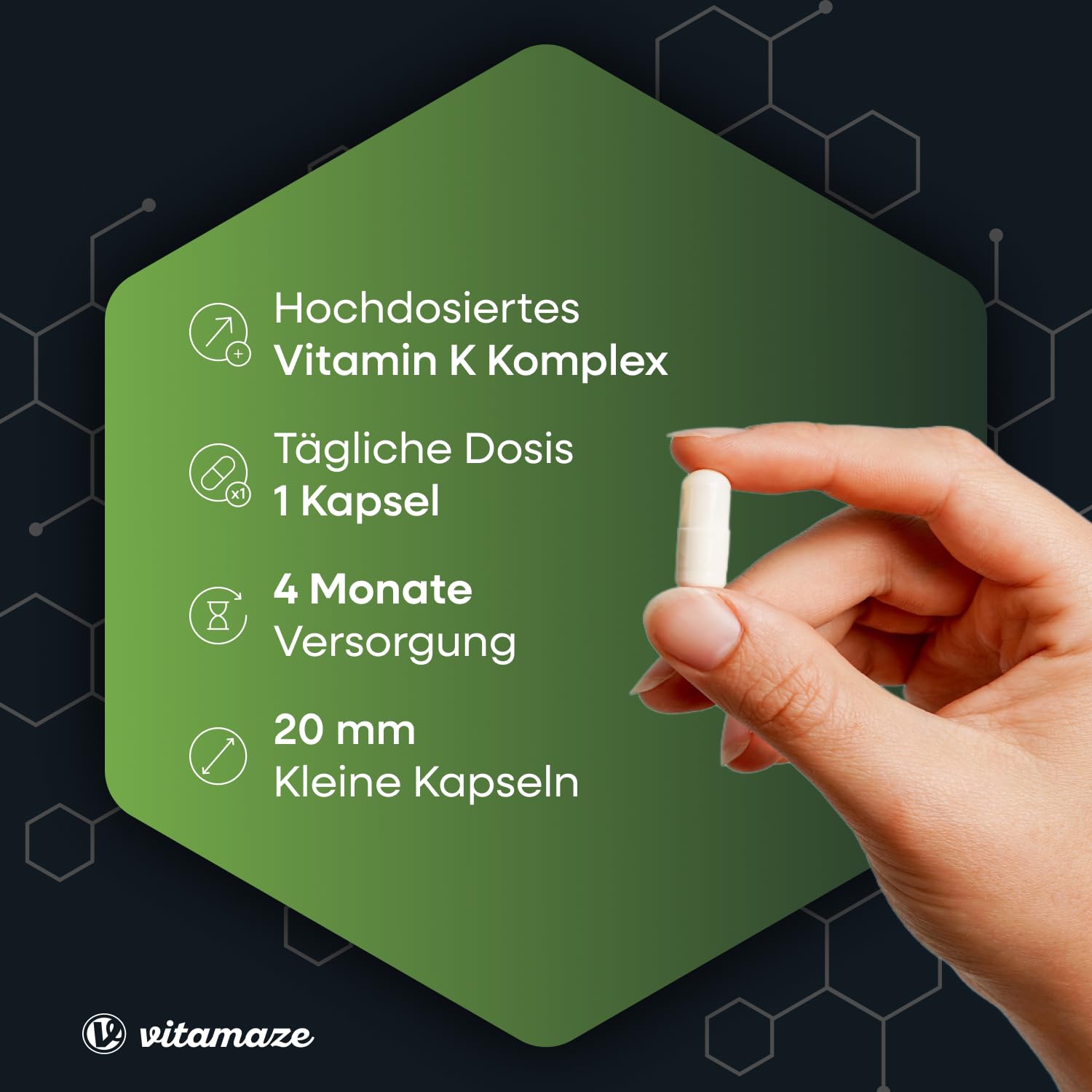 Vitamin K Komplex hochdosiert & vegan, K1 1.000 mcg + K2 Menaquinon (1.000 mcg MK4 + 200 mcg MK7), 120 Kapseln für 4 Monate, beste Bioverfügbarkeit, Made in Germany