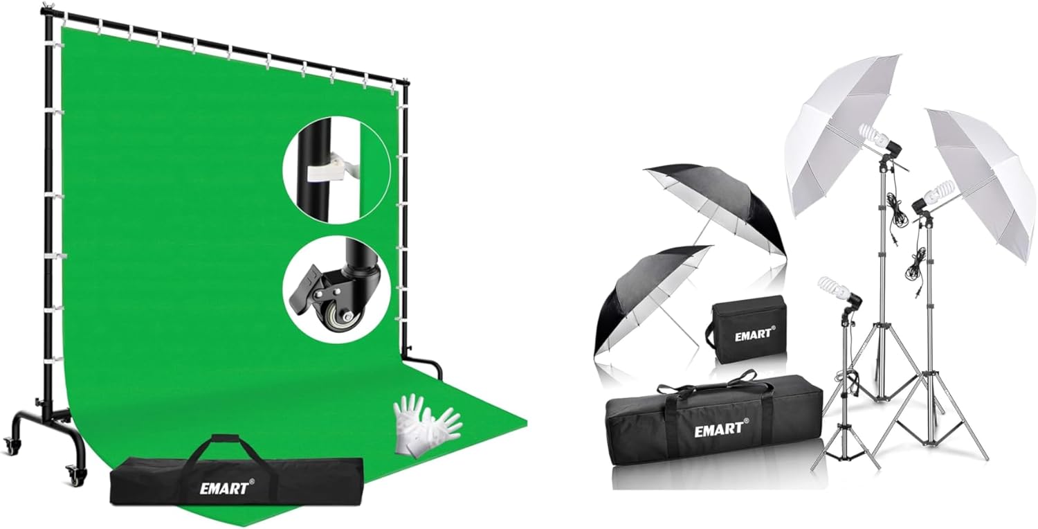 EMART 45W 5500K Umbrella Photography Lighting Kit with 7x10ft Green Screen Backdrop Kit with Movable Stand
