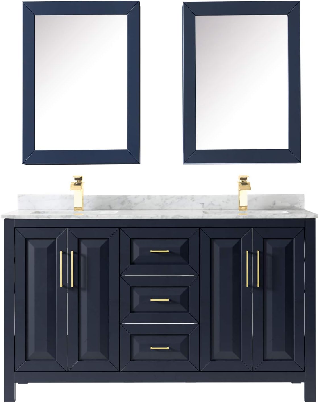 Daria 60 Inch Double Bathroom Vanity in Dark Blue, White Carrara Marble Countertop, Undermount Square Sinks, Medicine Cabinets
