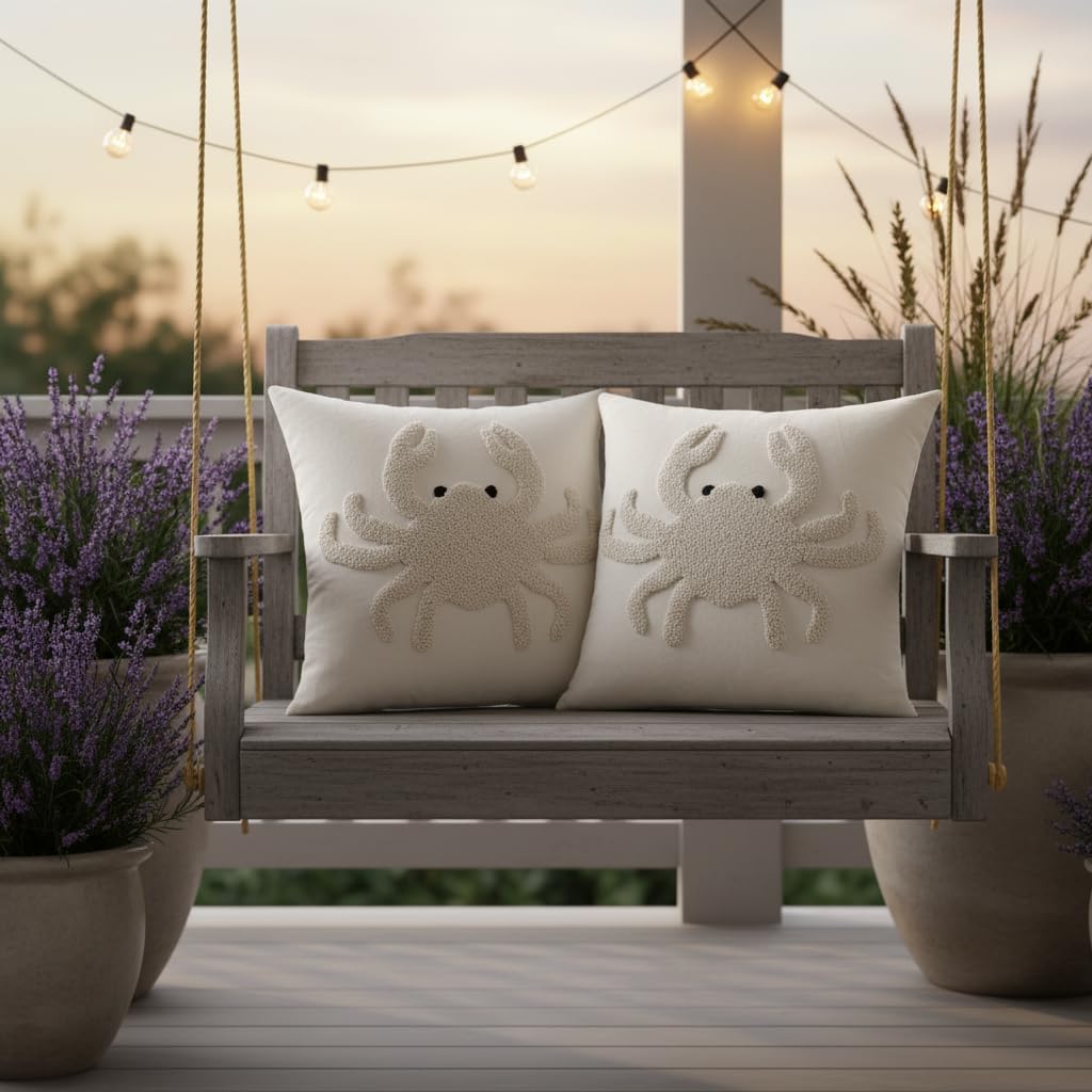 Crab Pillow Covers 18x18 Pack of 2 Coastal Beach Embroidered Throw Pillow Covers Beige Tufted Pillow Cushion Cases Farmhouse Decor Ocean Themed Cushion Covers for Spring Summer