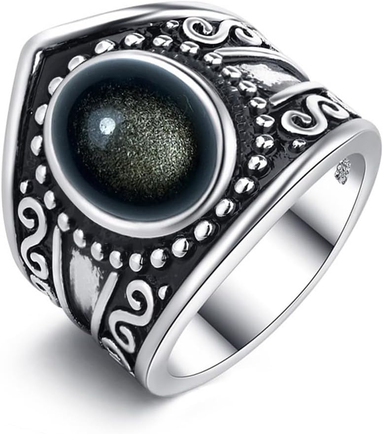 HAIXIAN Natural Black Obsidian Wide Band Ring,Retro S925 Sterling Silver Statement Thumb Index Chunky Band Ring,Cocktail Party Bohemian Ring Jewelry for Women