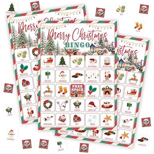 tranfvging Christmas Bingo Games for Adults, Merry Christmas Party Bingo Game Card Set, Xmas Parties Game Supplies Activities, Winter Holiday Favors for Family Friends Large Group -32