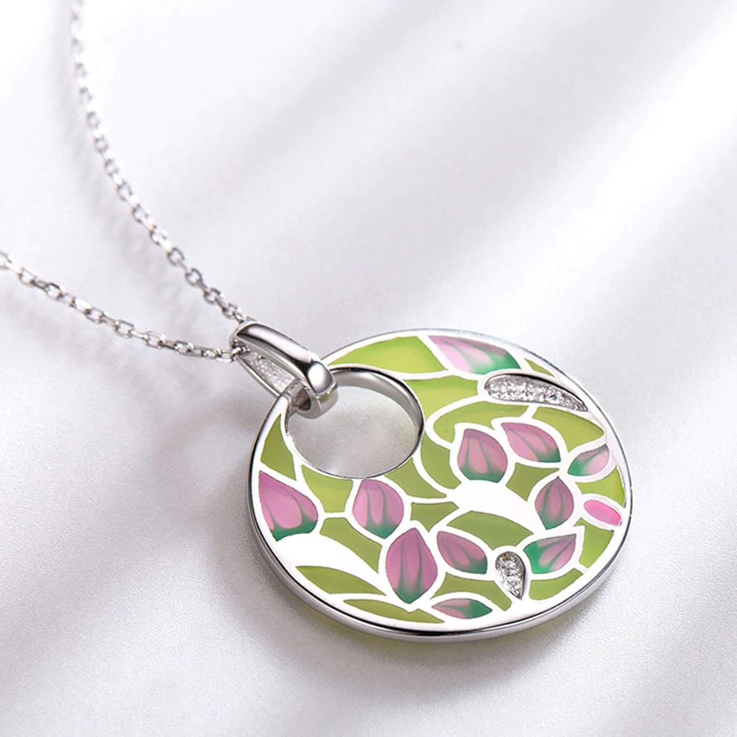 Sterling Silver Necklace Pendant Women Round with White Cubic Zirconia Leaf Pendant Necklaces Light Yellow Pink