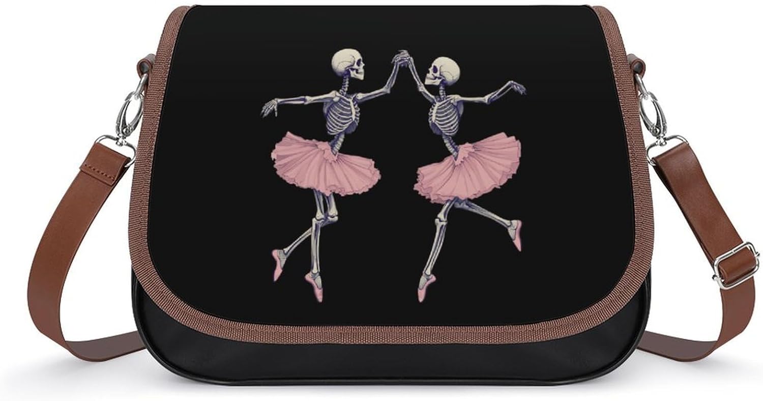 Skull Skeleton Ballet Dancing Women's Crossbody Bags Leather Messenger Handbag Small Shoulder Bag Purse