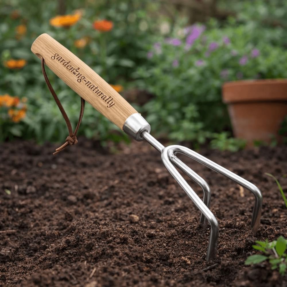 Hand Cultivator Triple Claw Garden Tool Stainless Steel Tines With Ash Wood Handle For Soil Loosening Weeding And Aerating Pots Beds And Borders