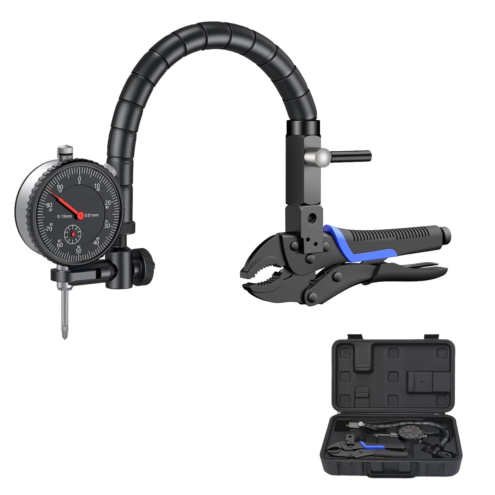Jauge de rotor de frein à disque avec jauge de 0 à 10 mm (résolution de 0,01 mm), testeur de résistance aux chocs des disques de frein de voiture, étau de serrage avec bras flexible à 360°