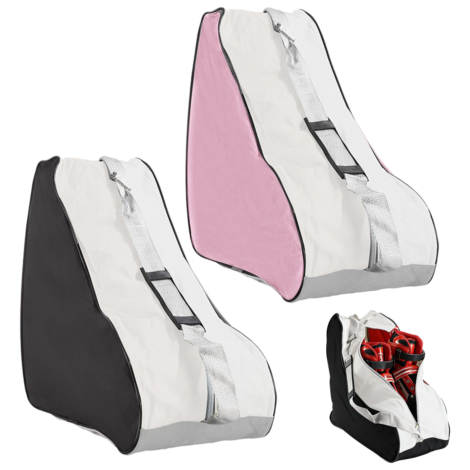 JSUOEO 2 PCS Roller Skate Bag, Unisex Ice Skating Shoes Carry Bags with Adjustable Shoulder Strap and Top Handle for Women Men Adults (Black & Pink)