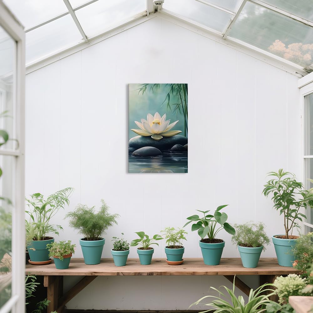 CCWORKERRY Zen Picture for Bathroom Lotus Wall Art Peaceful Stone Canvas Prints Spa Yoga Room Painting Meditation Room Decor Framed(Green,12L x 18W)