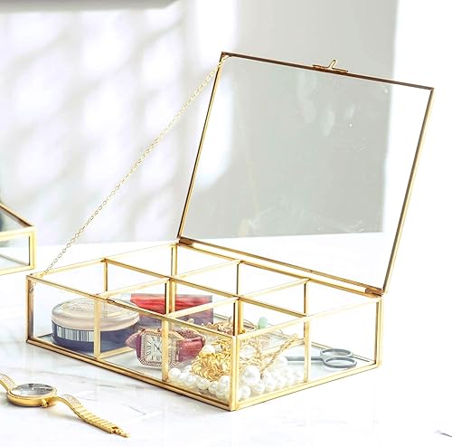 Miniatura 2 de Caja de vidrio vintage dorada de vidrio transparente y latón para almacenamiento de joyas y maquillaje cosmético, soporte para lápiz labial,