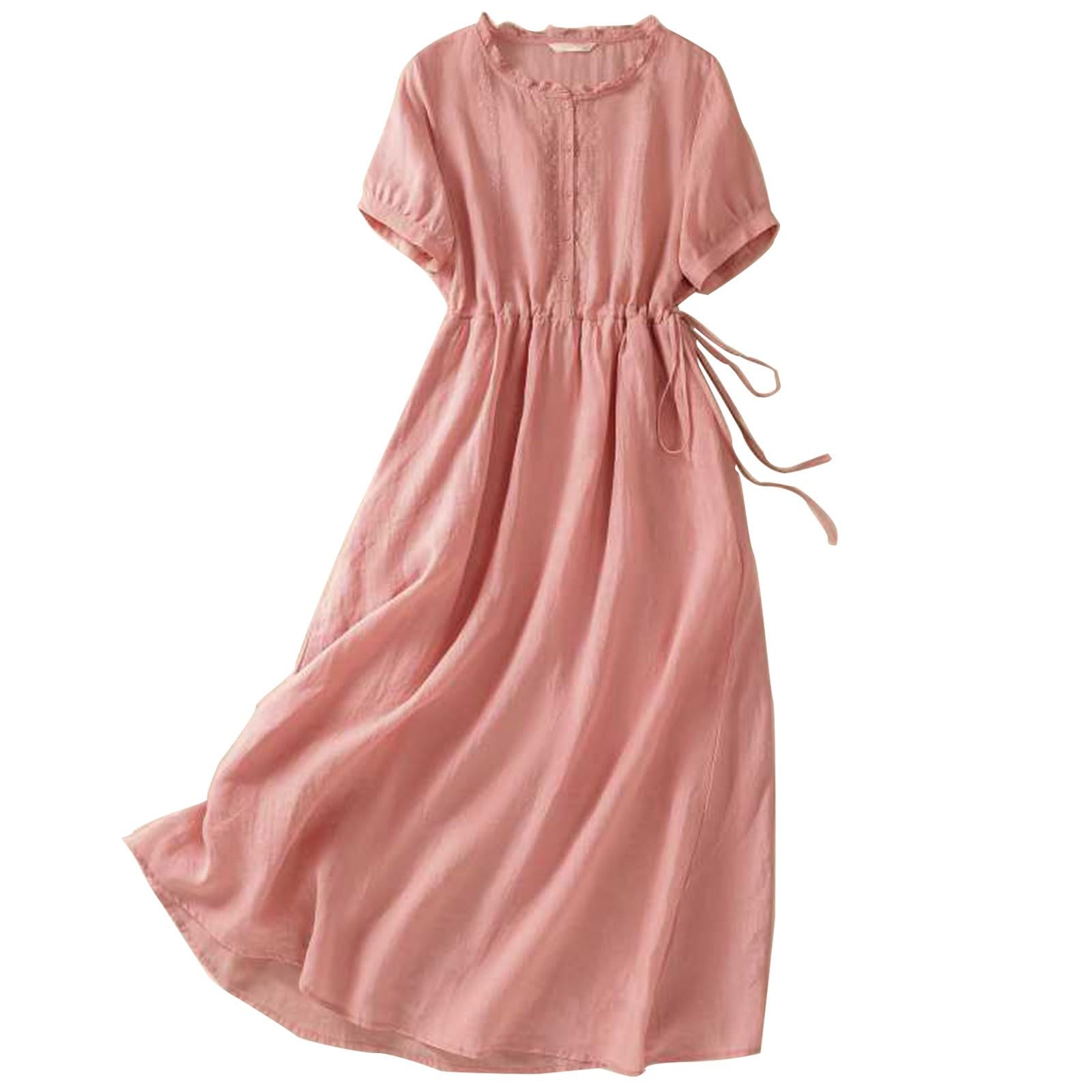 AMhomely Womens Summer Dresses Button Up-Cotton Linen Shirt Dress,Boho,Short Sleeve Casual Dresses with Belt,Ruffle Crewneck,Pleated A-line Sundress,Office Work,Holiday,Vacation A Pink XL