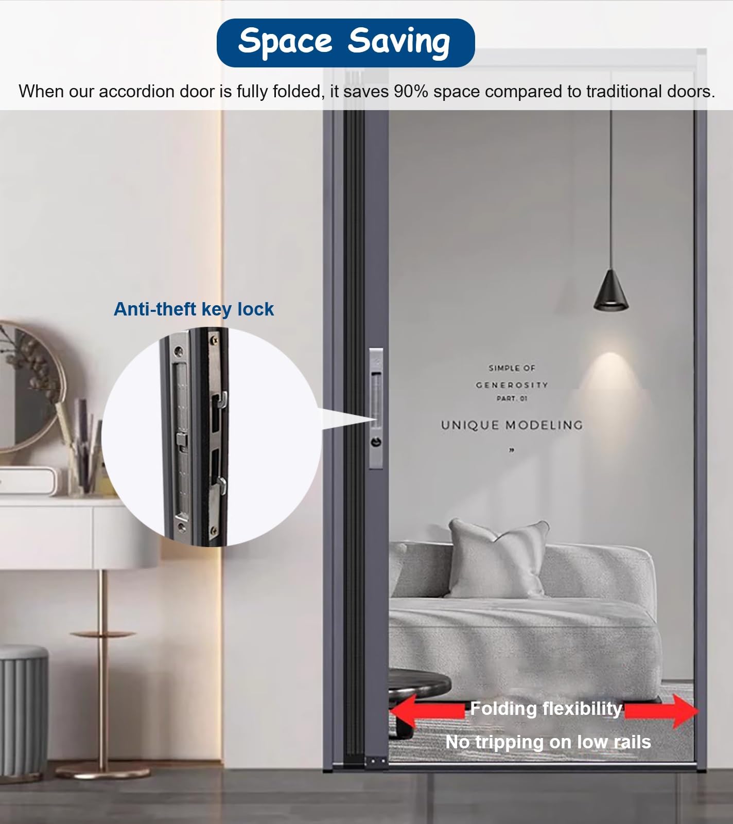 Porte Accordéon Interieur Porte Coulissante Pliable en Maille avec Serrure et Clé, Porte Pliante de Style Accordéon pour Extérieur / Intérieur, Porte Moustiquaire Rétractable Personnalisable Large et