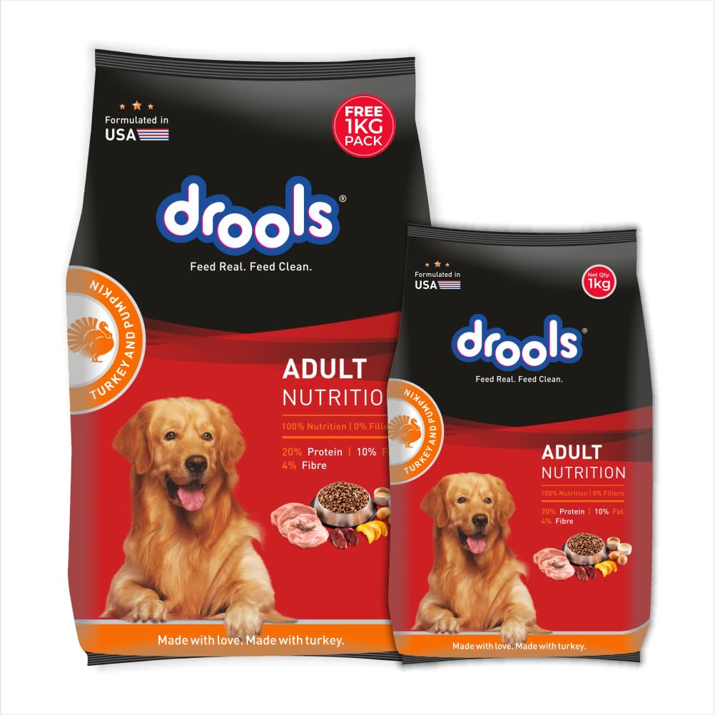 Drools Adult Dry Dog Food 2.8kg + 1kg (Free) | Turkey and Pumpkin Flavour | Supports Skin Nourishment and Coat Radiance | Promotes Healthy Digestion | Natural A