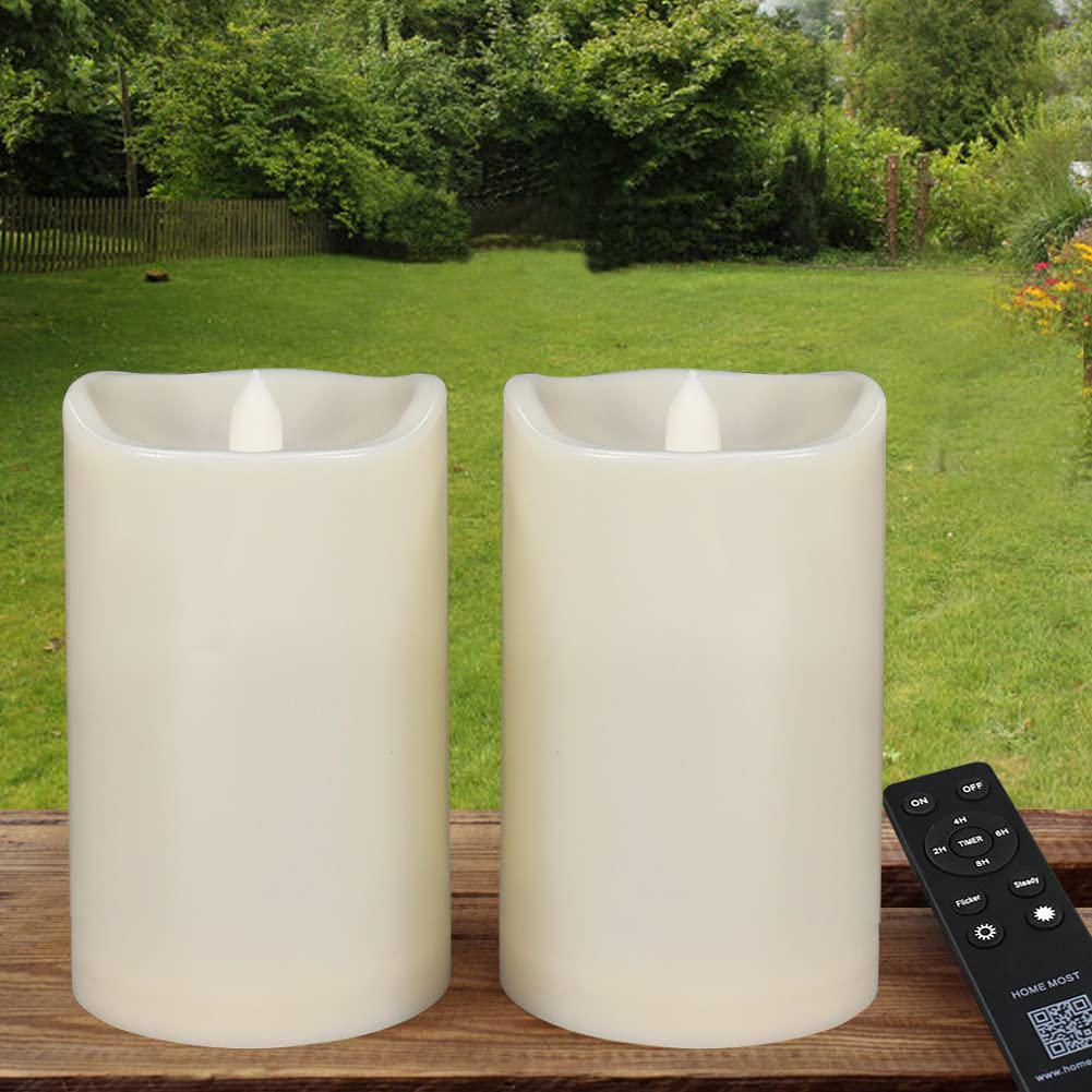 HOME MOST Pack of 2 Ivory LED Pillar Candles Outdoor IP65 Waterproof 4x6 - LARGE Pillar Candles Battery Powered with Timer and Remote - Oblique Edge Unscented Outdoor Flameless Candles Flickering