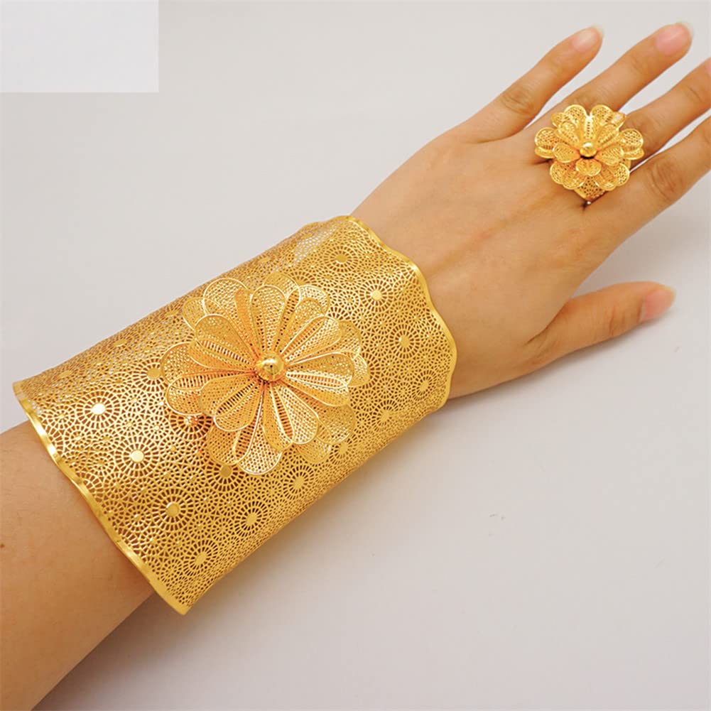 Freecus Flower Bangle (Gold)【Luxe】 Flower Bangle & Ring For Women Gold Color Dubai Indian Moroccan