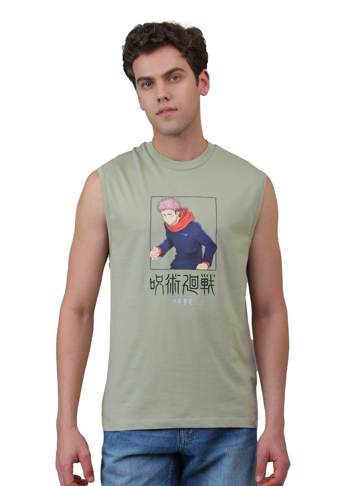 free authority Official Jujutsu Kaisen: Yuji Itadori Men Round Neck Sleeveless Grey Graphic Anime Printed Regular Fit Cotton Vests-picture-10