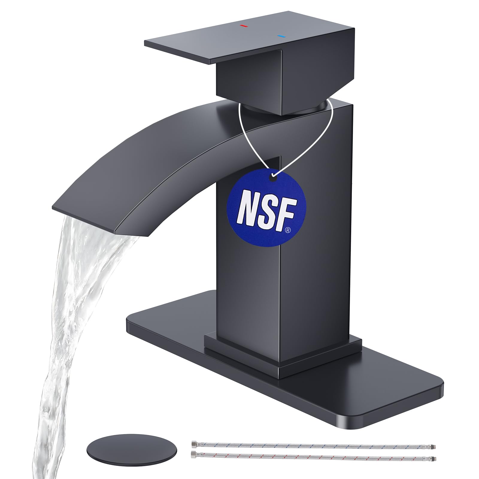 CREA Matte Black Waterfall Bathroom Faucet 1 Hole Single Handle Bathroom Sink Faucet with Pop Up Drain,Stainless Steel RV Vanity Faucet Basin Mixer Tap 3 Hole Plate Water Supply Line