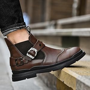 Amazon | [SEINIES] バックルベルト ショートブーツ メンズ 本革