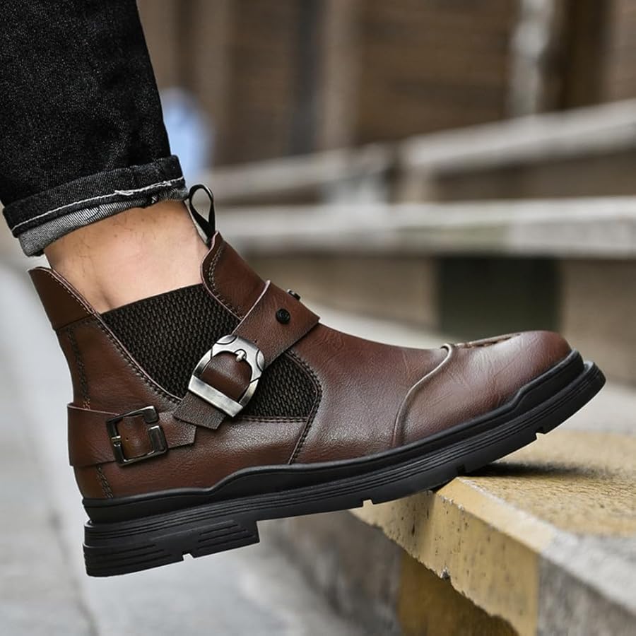 Amazon | [SEINIES] バックルベルト ショートブーツ メンズ 本革