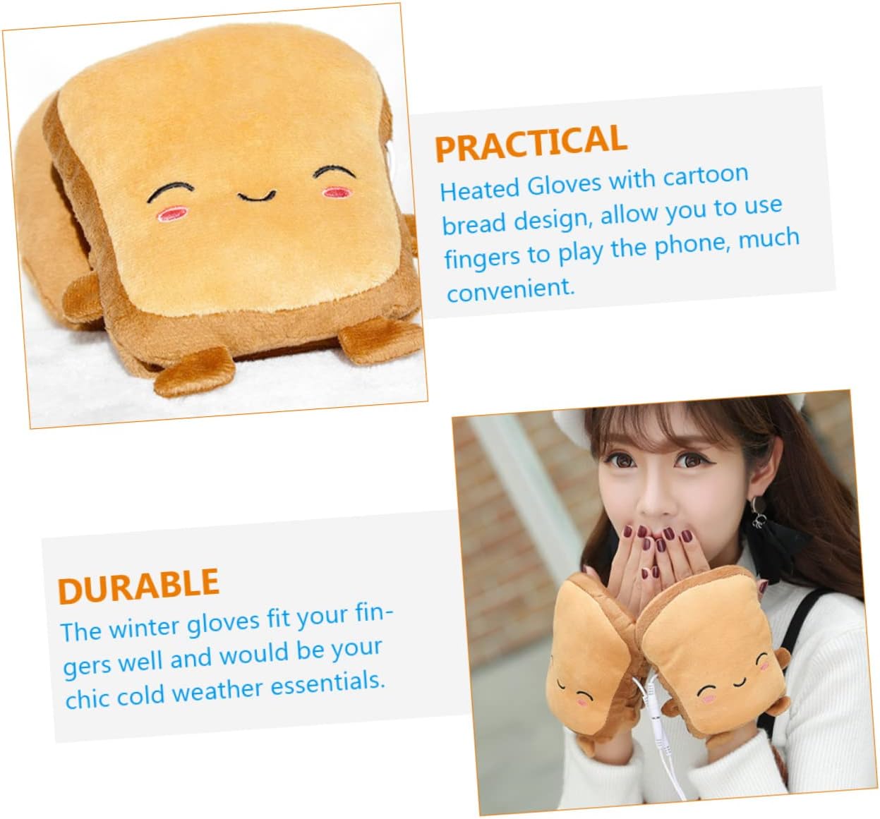 YARNOW Fingerless Heated Gloves Heating Gloves for Winter Thickened for Boys and Girls Bread Cartoon Mittens