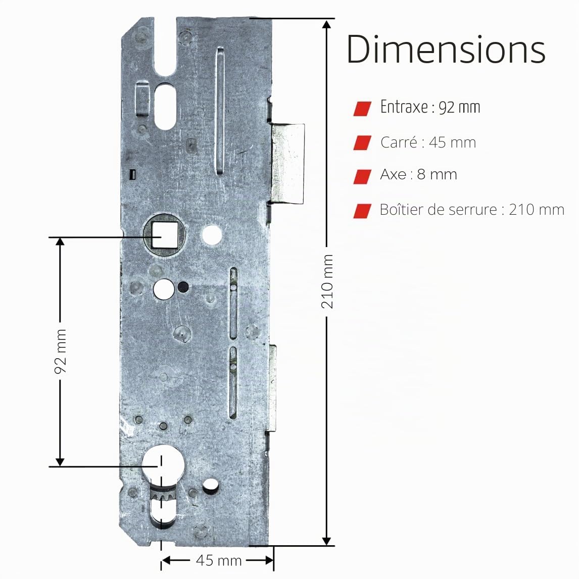 Serrure de réparation KFV 8250 | Serrure à mortaiser pour rénovation, pour verrouillages multipoints - Boîtier de serrure pour réparation ou remise en état | Entraxe 92 mm, profondeur du carré 45 mm