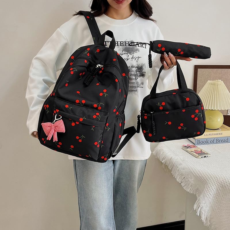 Cherry Backpack for Girls Nylon Rucksack Cute Kawaii Backpack 3 Piece Set with Cherry Pattern (Black)4