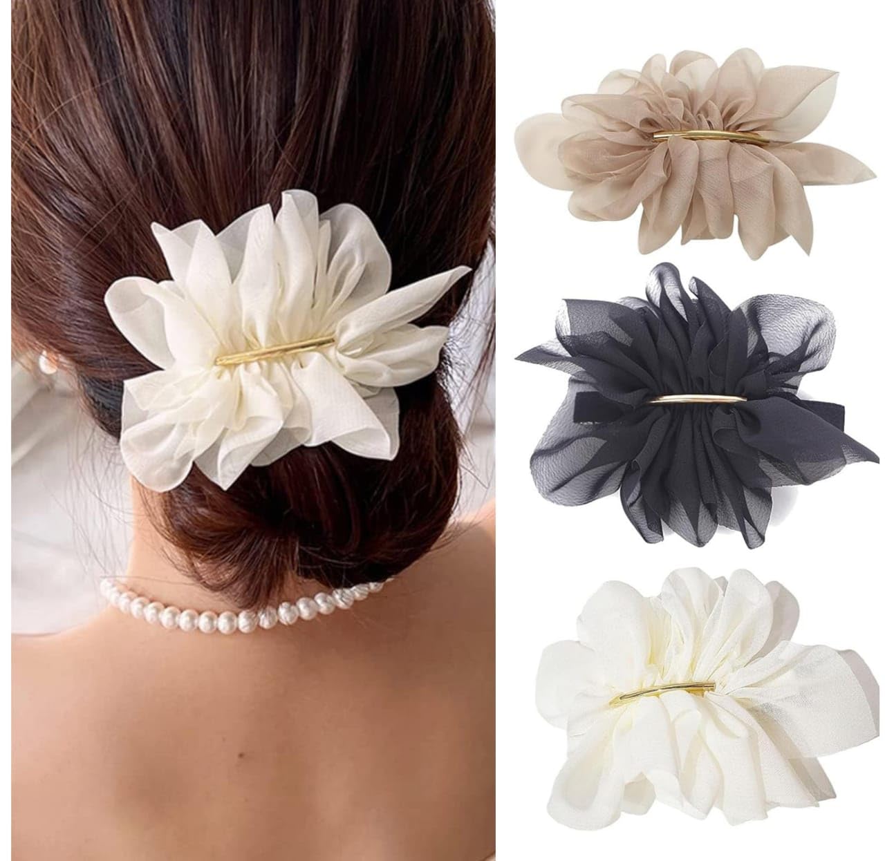 HAIR WALA™03 PCS Chiffon Flower Hair Barrettes, Large Floral Hair Clips for Low Ponytail, 3-Pack, White/Beige/Black