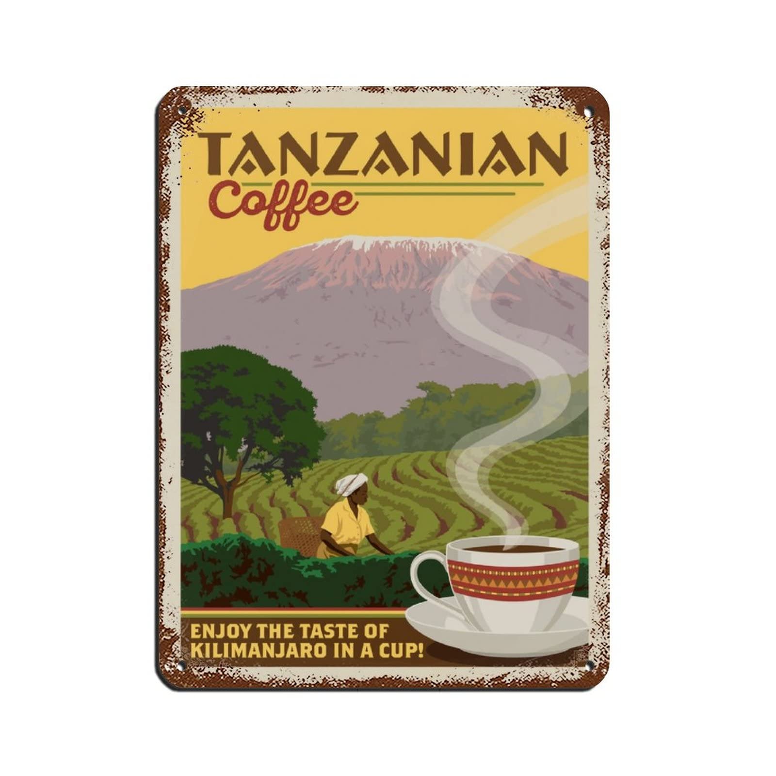 Oudrspo Tanzanian Coffee Vintage Coffee Travel Poster Poster Vintage Tin Sign 8X12inch Home Office Kitchen Pub Club Cafe Bar Farm Restaurant Collection Metal Wall Art Retro Plaque