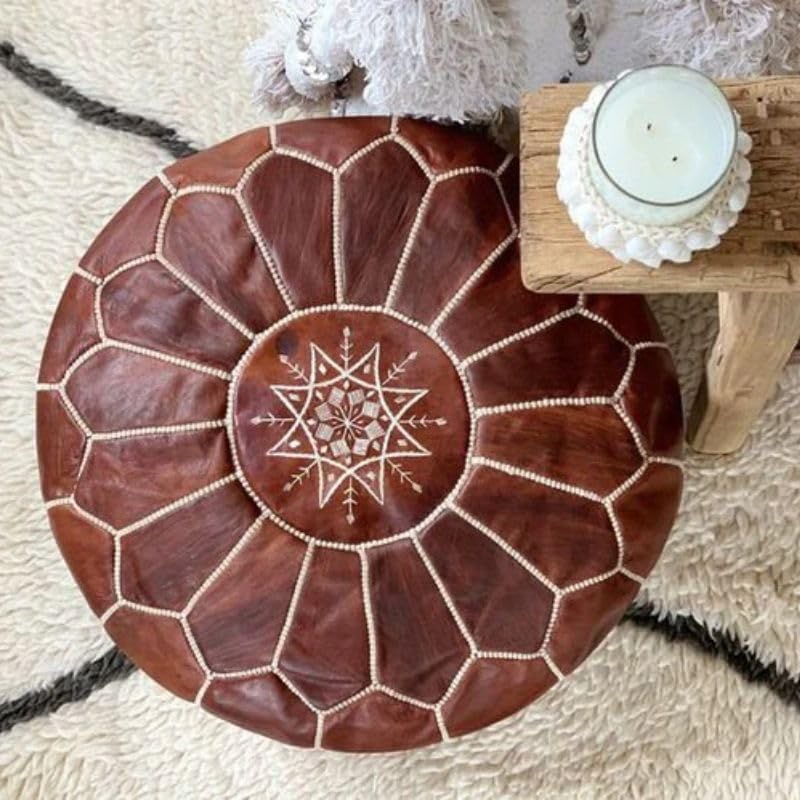 Genuine Leather Moroccan Ottoman Unstuffed Round Pouf - Dark Brown Color