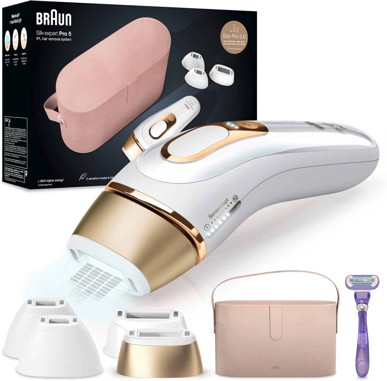 Braun Luz Pulsada Silk·expert Pro 5, Alternativa a Depiladora Laser, Eliminación del Vello en Casa, Depiladora IPL con Funda, Maquinilla Venus, 3 Cabezales para Cara Y Cuerpo, Blanca/Dorada, PL5262 — view 12