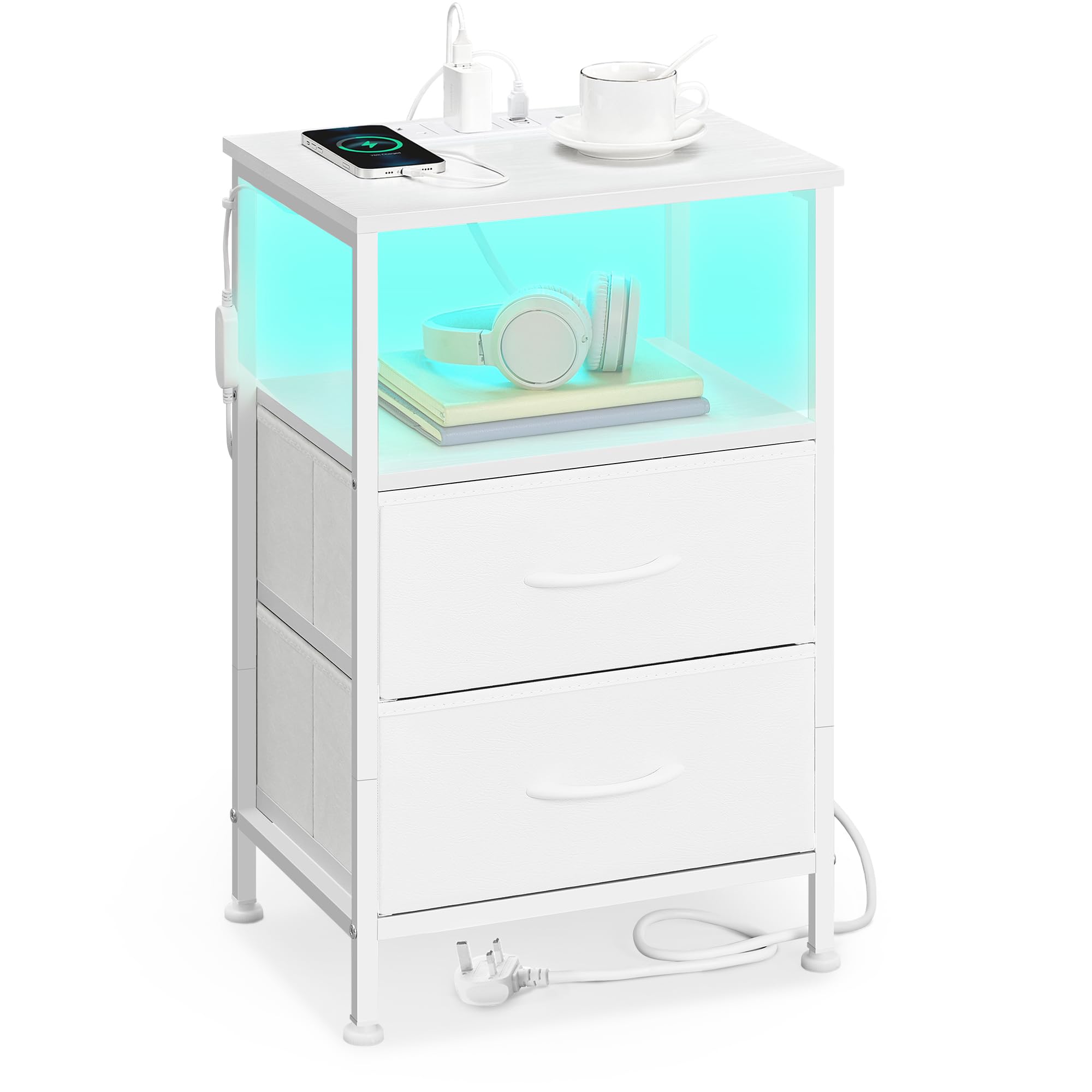 SONGMICS BELLAH Collection - Bedside Table with Charging Station, Side End Table with APP-Controlled Adjustable LED Lights, 1 Open Shelf and 2 Drawers, Bedroom, Cloud White and Snow White LGS302WH02