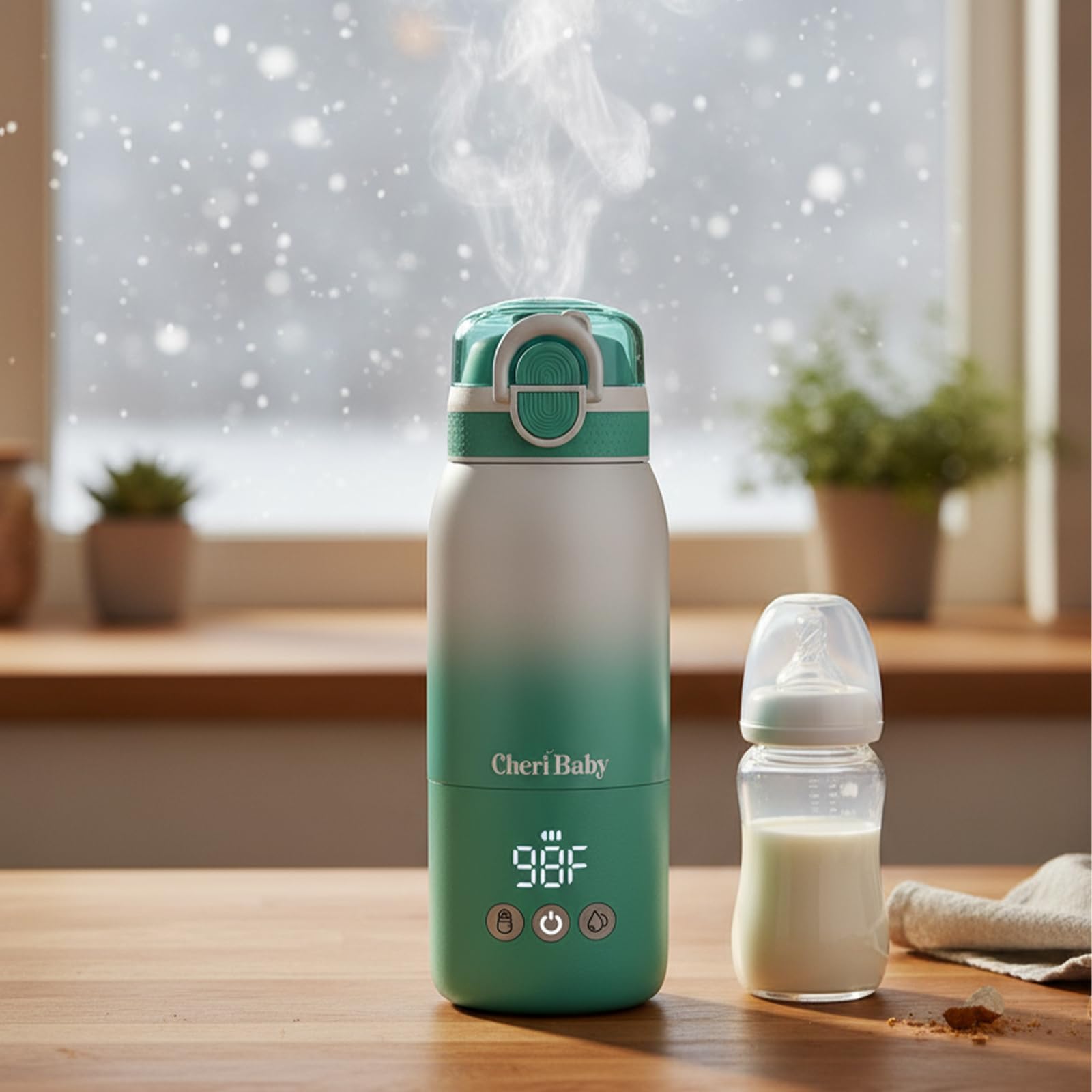 Tragbarer Flaschenwärmer unterwegs für Baby, Schnelles Aufheizen und Lange Akkulaufzeit 12000mAh, Zwei Heizmodi für Muttermilch und Wasser, 355ml Kapazität, Zusätzlicher Strohhalmdeckel den Ganzen Tag