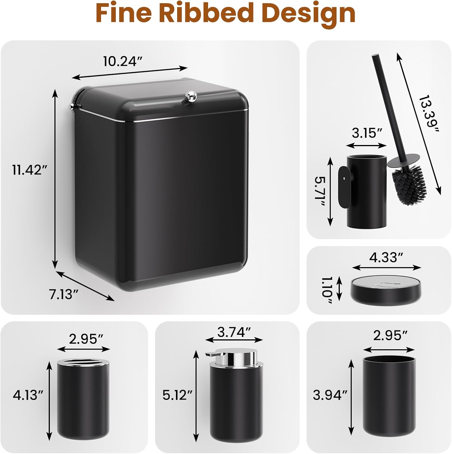 7-Piece Black Bathroom Set with Suction Wall Trash Can - Space Saving Organizer Kit with Toilet Brush, Liquid & Foam Soap Dispenser, Toothbrush Holder, Cup, Soap Dish for Bathroom Kitchen