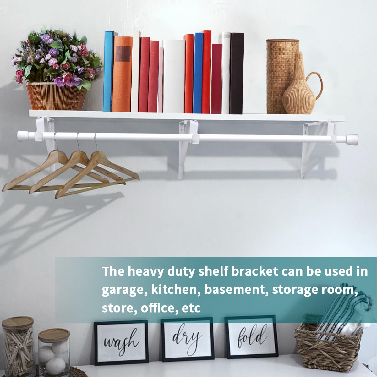 2 Pack Closet Shelf & Rod Brackets, Heavy Duty Closet Rod Bracket With Rod Holders, 11"x11", 1-3/8" Dia White Wall Mount Clothes Hanger Closet Rod Support Bracket For Shelf Storage And - View #5