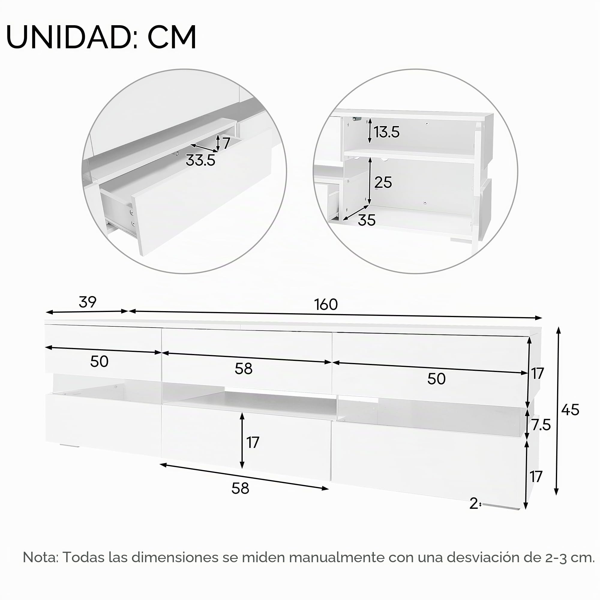 Mueble moderno para TV de alto brillo, 160 x 39 x 45 cm, con iluminación LED, 2 puertas, 1 cajón, compartimento abierto, apto para televisores de 70 pulgadas, con inserto de cristal acrílico y