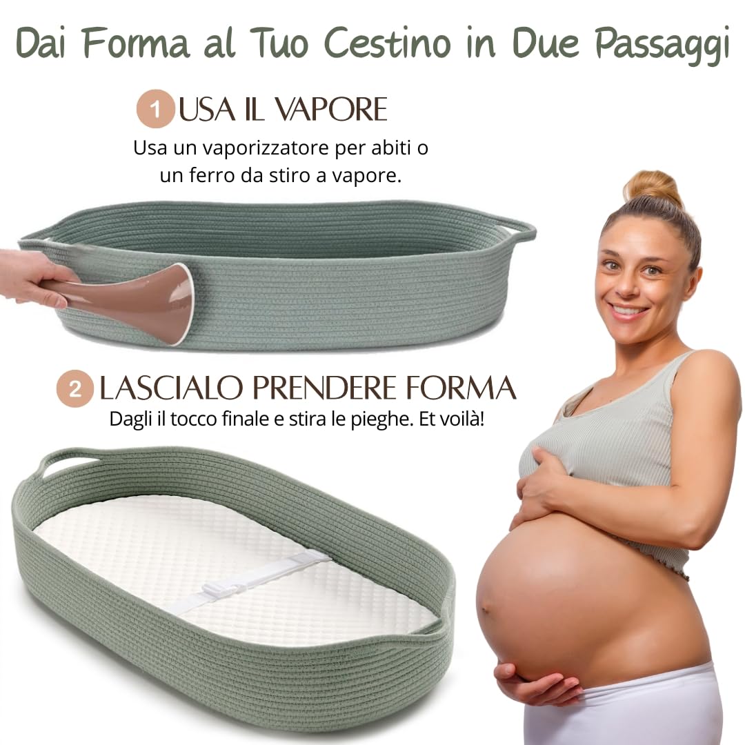 Cesta Fasciatoio per Neonati – Cestino Portatile con Materasso Impermeabile – Fasciatoio da Tavolo o da Viaggio – Moses Cestino per Comò – Design Verde Decorazione Stanza Bambino (Verde)