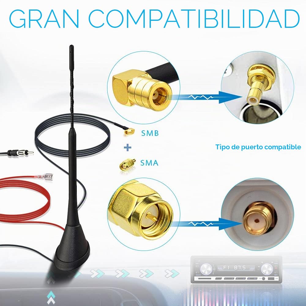 Eightwood Antena activa DAB/DAB+ para coche, radio digital FM/AM Combi, antena de techo con amplificador, conector SMB/SMA, adaptador DIN, 5 m