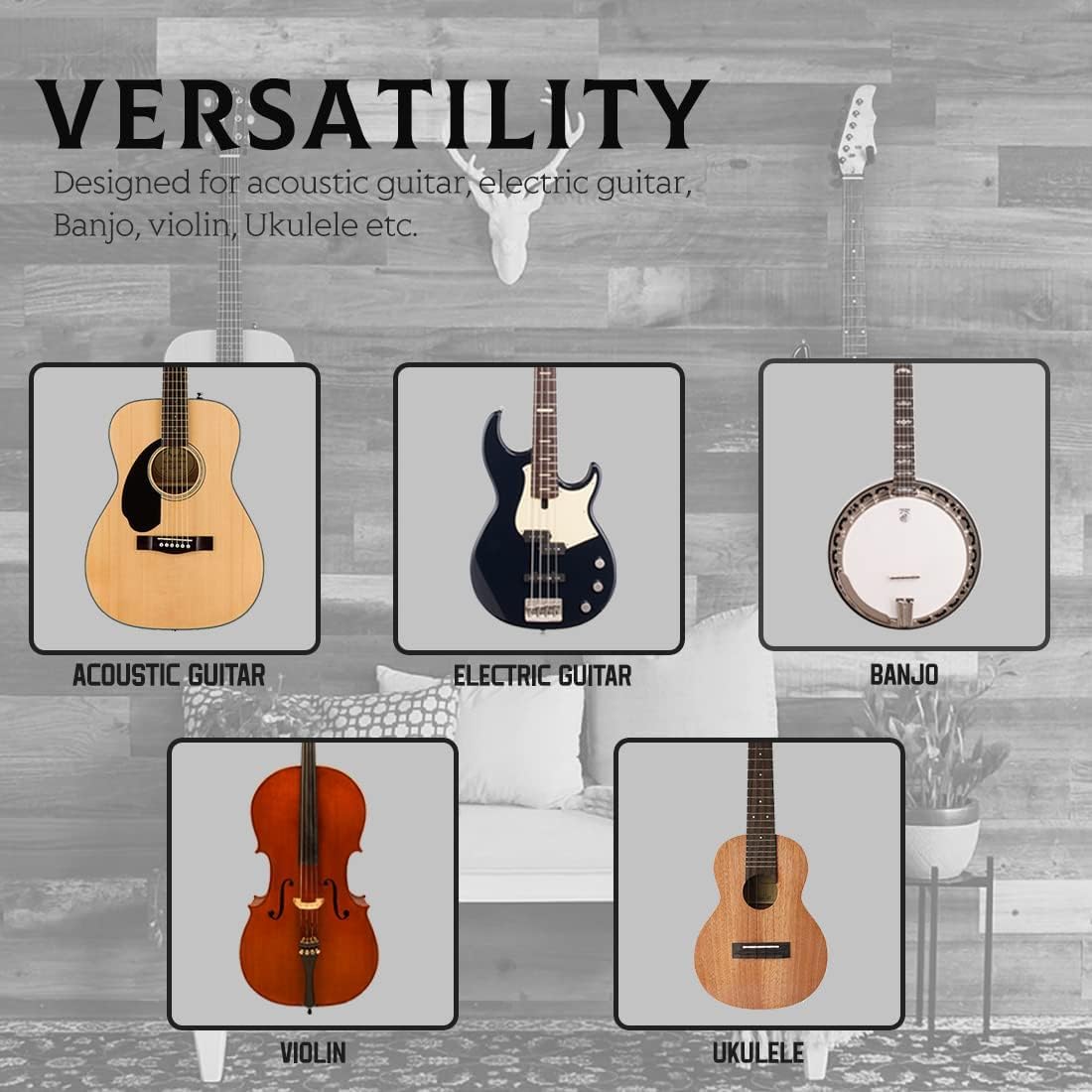 LALAOKS Gitarren-Wandhalterung, Wandaufhänger, Haken, schwarz, Metall, Gitarrenhalter für Akustik-, E-Bassgitarre, Ukulele, Banjo, Mandoline, Schwarz, 12 Stück