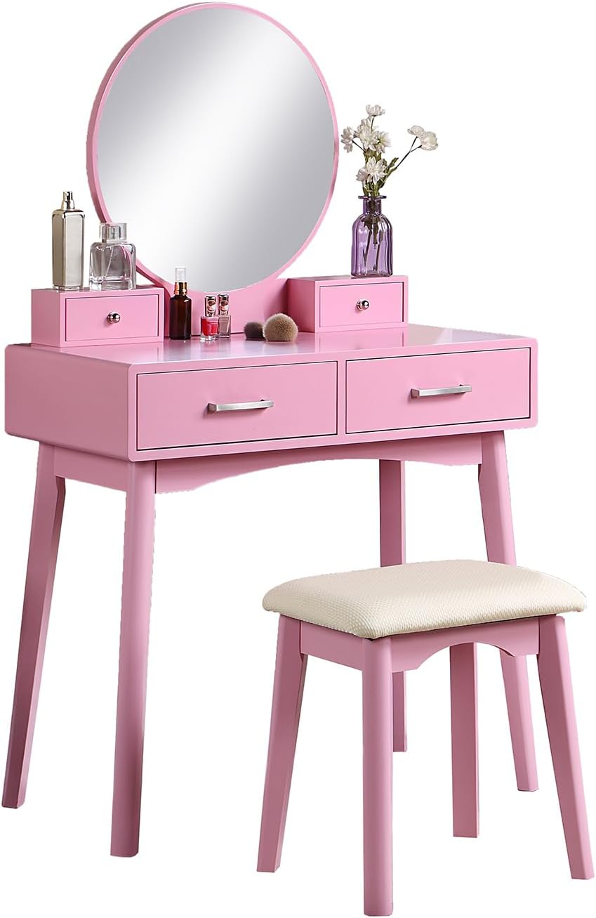 Pink Contemporary Wood Vanity and Stool Set