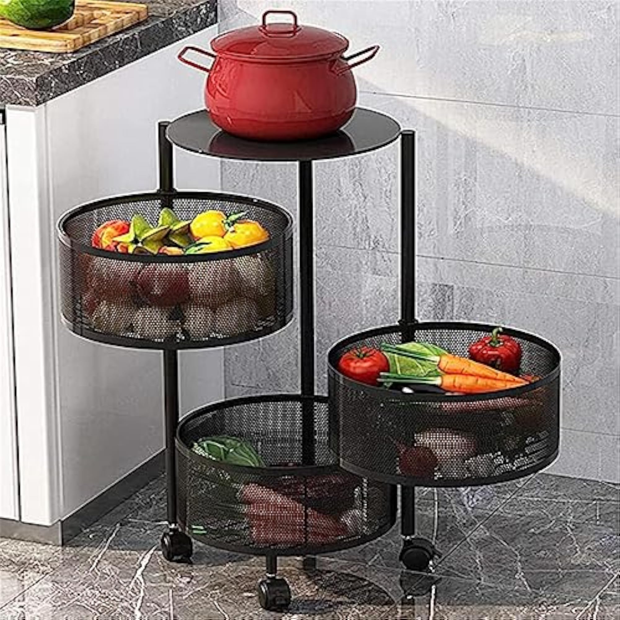 Metal Food Vegetable Storage Containers, Rotatable Trolley