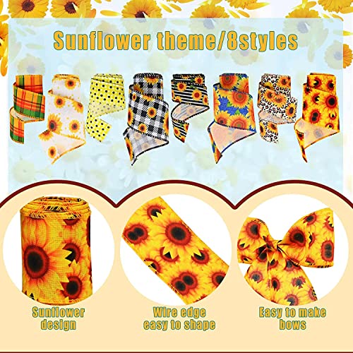 Kuscul 32 Yards Sunflower Wired Ribbon 8 Rolls Summer Flower Ribbon Mother's Day Wired Edge Ribbon Spring Summer Fabric Decorative Ribbon For Gift Wrapping Hair Bow Sewing Crafts Wreath, 2.5In/ 1.5In #TOP2