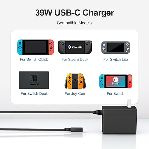 Miniatura 6 de 39W Charger,Compatible with Nintendo Switch with 6.6FT USB C Cord, 15V2.6A Power Supply Compatible with Nintendo Switch, Supports TV Mode and Dock
